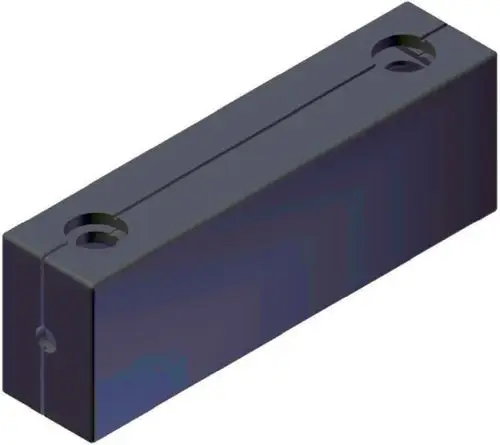 Hydraulische Weiche von Wolf, rechteckige Form in dunkler Farbe, mit zwei runden Löchern und einer Längsrinne für Leitungssysteme.